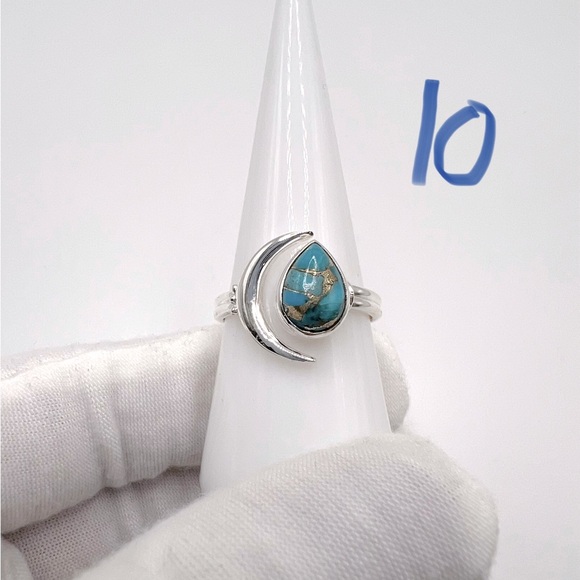Genuine Copper Turquoise .925 Sterling Silver Moon Teardrop Ring - Picture 15 of 15